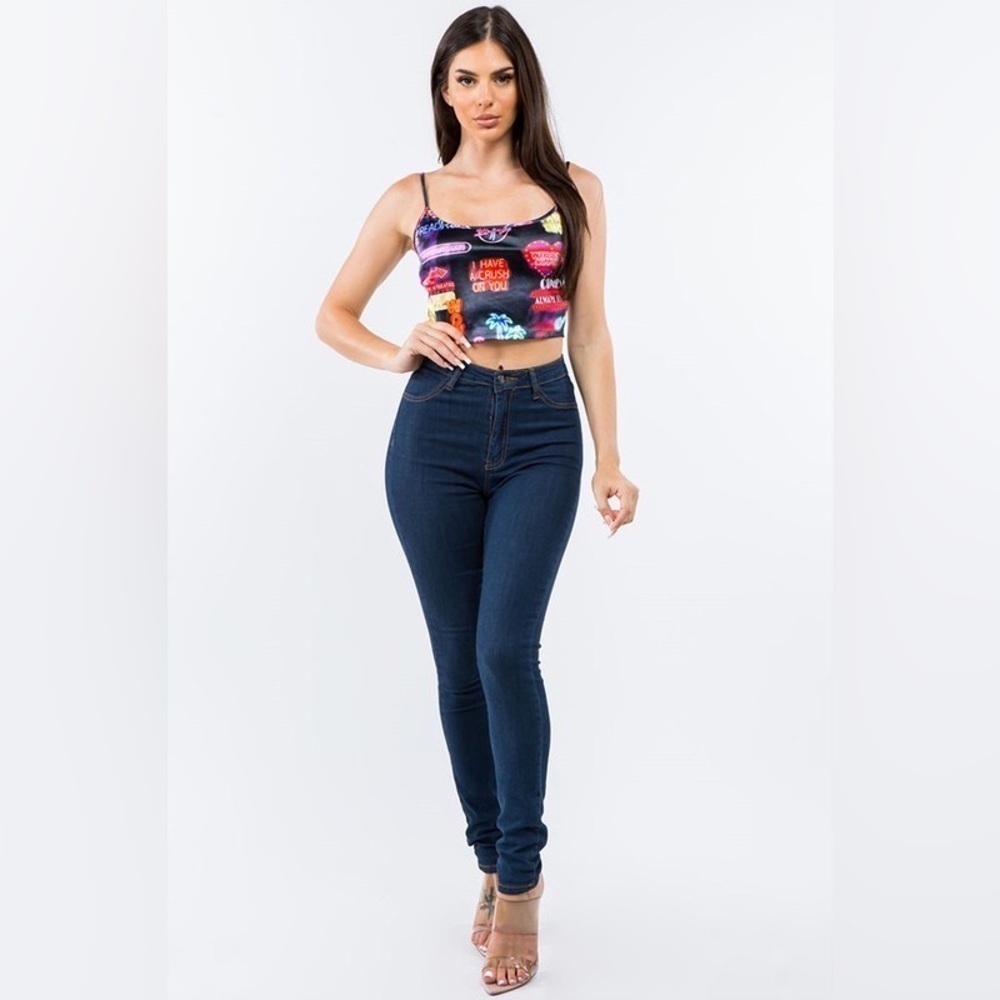 Bear Dance Vegas Light Neon Sign Influencer Printed Satin Sleeveless Crop Top